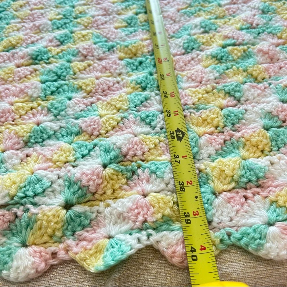 Hand Made Crocheted Blanket Pink Yellow Green Pastel Knit